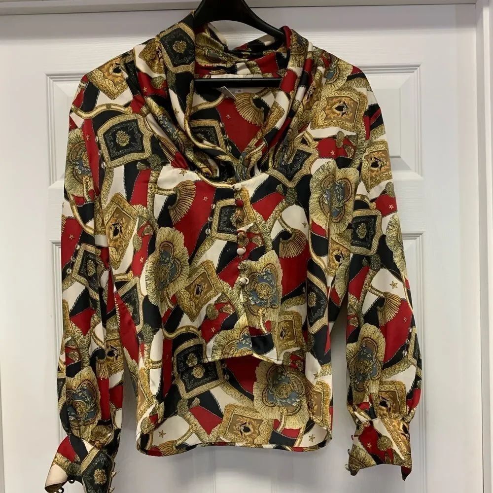 Vintage Tess Tassel Print Shawl Collar Button Blouse sz 14 EYC VERY COOL